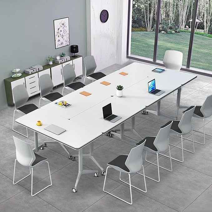 Folding Conference Table, Modern Large Conference Room Tables with Flip-Top Design, Foldable Conference Table Meeting Table with Wheels, Mobile Seminar Training Tables for Office Classroom (2, White)