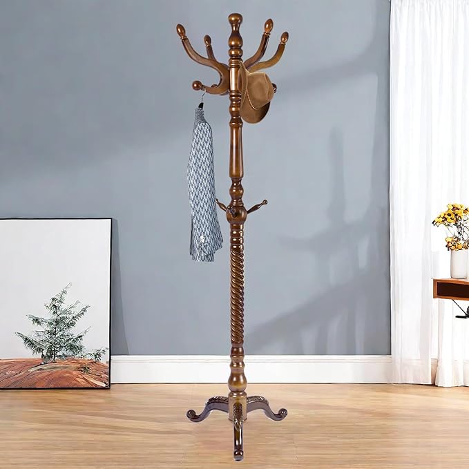 Solid Wood Coat Rack – 74.8" Freestanding Coat Racks Stand with 11 Hooks & Stable Base, Adjustable Height Modern Wooden Hall Tree for Entryway, Bedroom, Office, Home (Walnut Triangle)