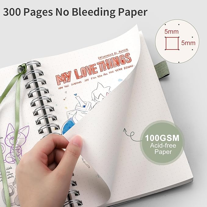EMSHOI Spiral Notebook B5 Bullet Dotted Journal, Dotted Grid Notebook with 300 Pages, 100gsm Thick Paper, 7.48" × 10.15", Waterproof Softcover Notebook for School Work Writing - Light Green