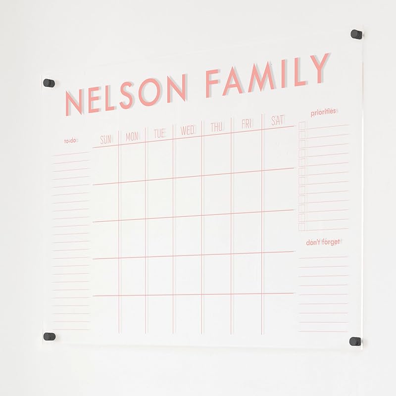 Personalized Clear Acrylic Calendar for Wall, Calendar Whiteboard for Wall, Dry Erase Wall Calendar, Wall Calendar Organizer System for Home (Block, Blush, 38"W x 26"H)