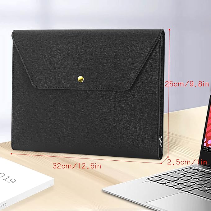 Toplive Document File Folder, Waterproof PU Leather A4 Letter Envelope Folder Case File Organizer Dual Layers Stylish Document Holder with 8 Card Holder 2 Pen Loop for Travel Office School, Black