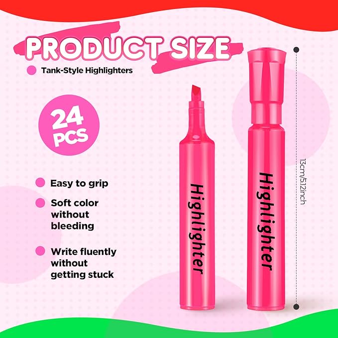 Qilery 24 Pack Tank Style Highlighters Chisel Tip Highlighters Bulk Colored Markers for Adult Coloring, Home Office Supplie(Pink)
