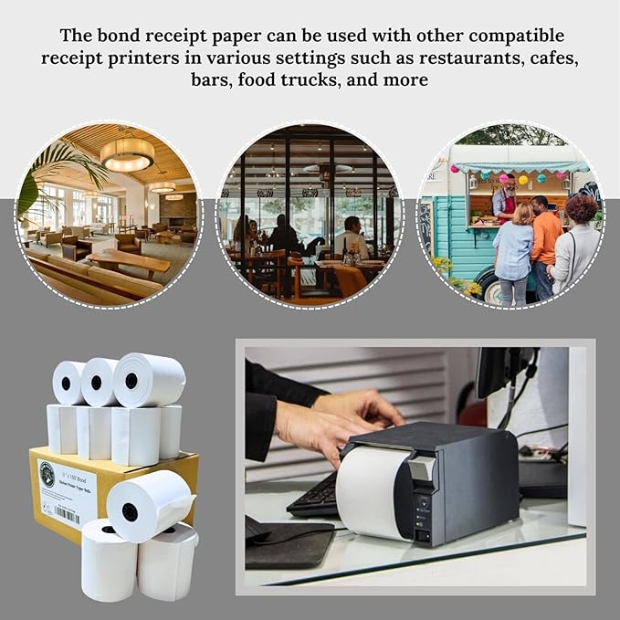 Bright White 3" x 150' 1-Ply Bond Receipt Paper Rolls (12 Rolls)