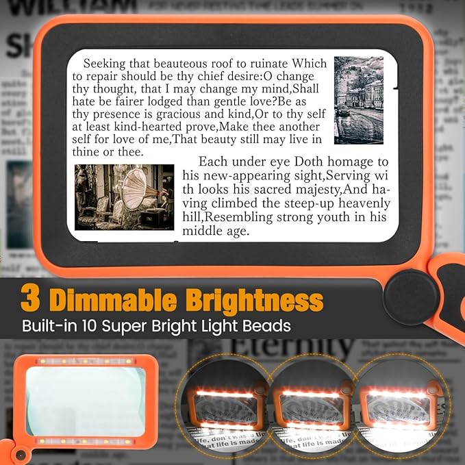 Rechargeable Magnifying Glass with Light for Reading, 5X Large Page Lighted Magnifier for Seniors Low Vision, Folding Handheld Rectangle Magnifier for Reading Small Print Orange-Black