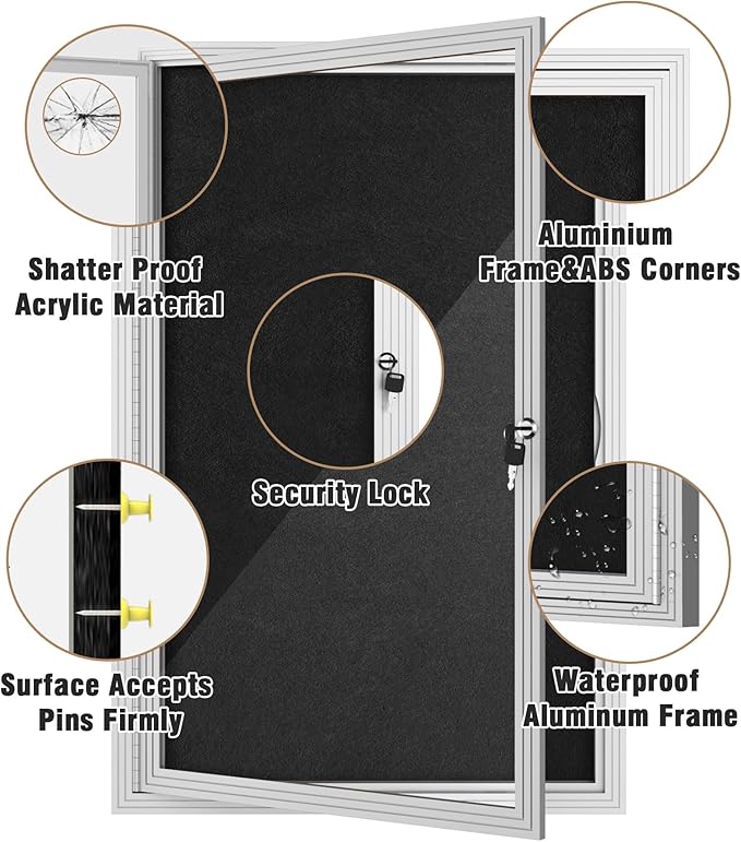 36"x24" Enclosed Bulletin Board, Outdoor Lockable Weather-Resistant Aluminum Cork Noticeboard for School & Office, Silver Frame w/Black Flet