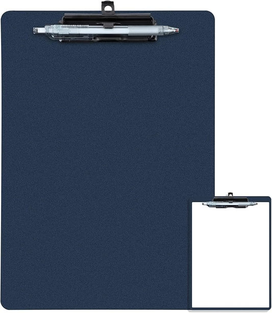 Clipboard with Pen Holder, Plastic Clipboard with Low Profile Metal Clip, Hanging Clip Boards Holds 8.5x11 Inch Papers, Standard A4 Letter Size Clip Boards for Offices & School, Blue