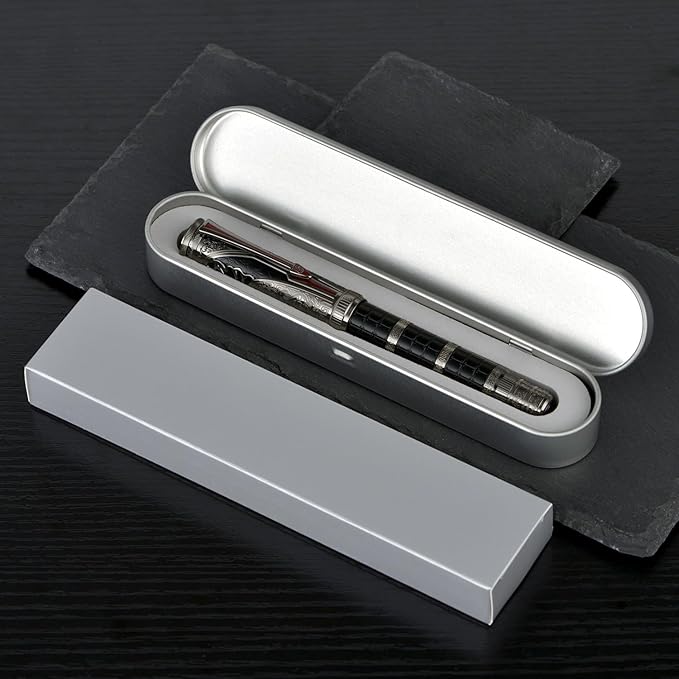 Hongdian D5X Fountain Pen Extra Fine Nib Black Color, Qin Dynasty Retro Chinese Totem Engraving Smooth Writing Pen with Converter and Pen Box Set
