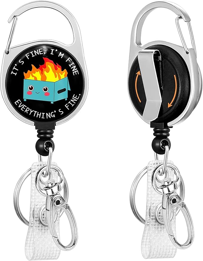 Gctriki Badge Reel Holder Retractable Heavy Duty with 360°Swivel Carabiner Belt Clip, Funny Dumpster ID Badge Holder Retractable, Retractable Keychain ID Clip Name Badge Clip I'm Fine It`s Fine