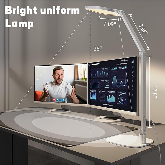 LED Desk Lamp for Home Office, Desk Light for Video Call, 3 Color Temperature 10 Brightness Computer Light, Dimmable Led Desk Light with Memory & Timer Func, Metal Swing Arm Architect Desk Lamp White
