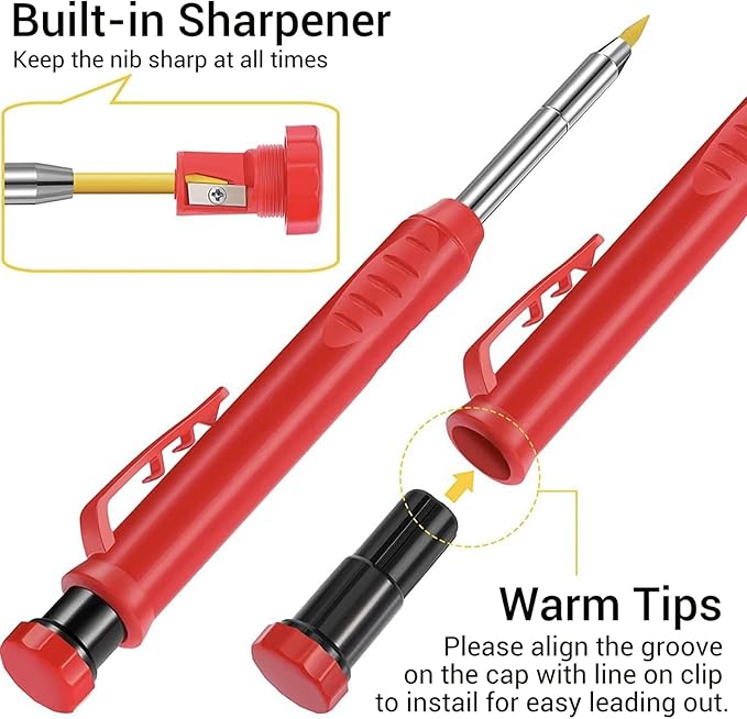 Gegong 3 Pieces Solid Carpenter Pencil with 21 Refill Built-in Sharpener, Long Nosed Deep Hole Mechanical Pencil Marker Marking Tool (Solid Carpenter Pencil Set)
