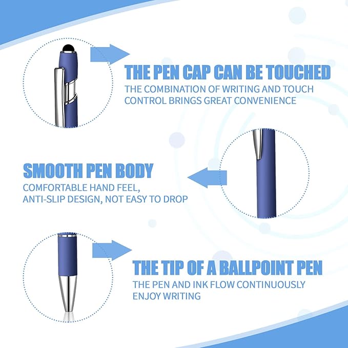 8 Pcs Blue Ink Ballpoint Pen with Stylus Tip 2 in 1 Stylus Ballpoint Pen Metal Pens Stylus Pen for Touch Screens School Office Coworkers (Navy Blue)