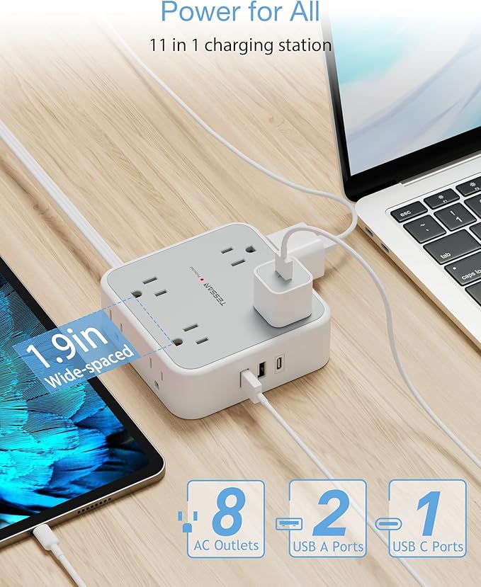 Surge Protector Power Strip 15 Ft Cord, 8 Widely Spaced Outlets, 3 USB Charger(1 USB C Port), Ultra Thin Flat Plug Extension Cord 15 Feet, 900J Surge Protection for Home, Office, Dorm Room Essentials