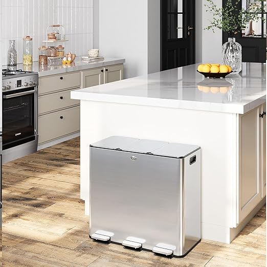 60L/15.9 Gal Gallon Three-Compartment Pedal Stainless Steel Kitchen Recycling Trash Can with Odor Seal, Hands-Free Foot Operated Waste Bin for Home, Office, Restaurant, School, Hospital
