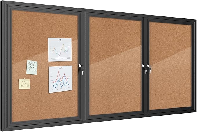 70"x34" Enclosed Bulletin Board, Outdoor Lockable Weather-Resistant Aluminum Cork Noticeboard for School & Office, Black Frame w/Cork