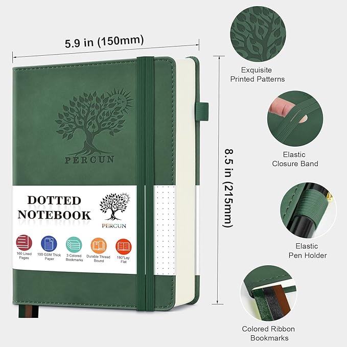 PERCUN Dotted Journal Notebook for Men & Women, 160 Pages Dot Grid notebook for Note Taking, Bullet Journaling Notebook for Work, School, Travel, Writing, A5 Hardcover 5.9" x 8.5"(Green)