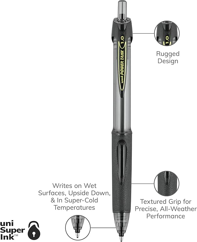 uniball Power Tank Rt Ballpoint Pen, Retractable, Bold 1 Mm, Black Ink, Smoke/black Barrel, Dozen