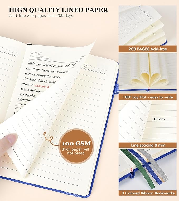 Lined Journal Notebook for Men & Women,200 Pages A5 Hardcover Leather Notebook (5.9"x8.5"), Travel Journal for Work, School, Business Writing, Note Taking, Notepad Diary (Navy)