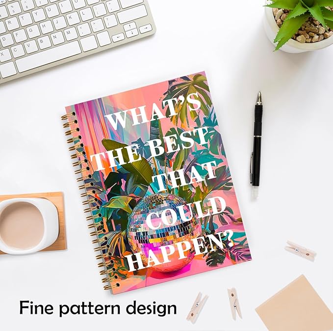 What's the Best That Could Happen Inspirational Notebook, Positive Quote Journal for Women, Anti Anxiety Journal, Groovy Disco Ball Hardcover Spiral Notebook, 5.5x8.3 Inch