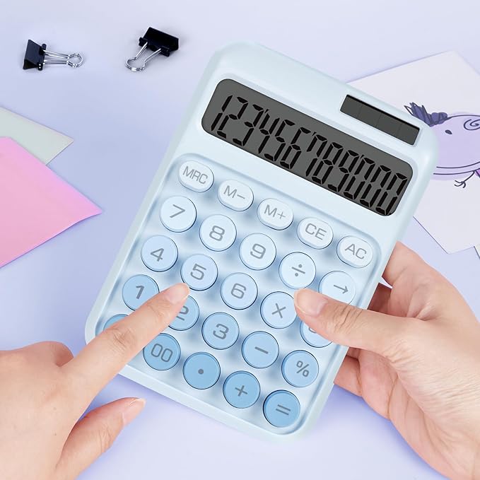 Mechanical Switch Calculator with Big Buttons, Calculators Desktop, 12 Digits, Solar Battery Power, Desk Calculator, Large LCD Display, Cute Blue Calculator for Teachers Students Basic Office