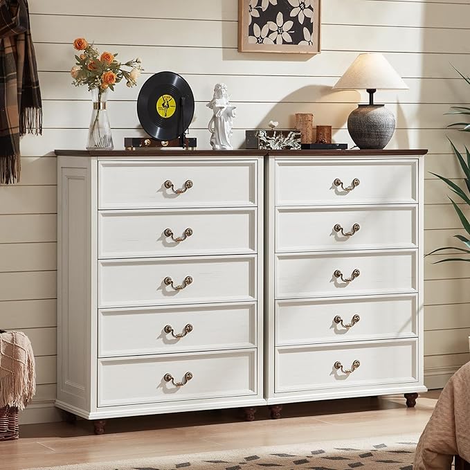 Farmhouse 5 Drawer Dresser for Bedroom, 45" Tall Rustic Chests of Drawers w/ 4 Solid Wood Feet, Mid Century Modern Wooden Closet Storage Dressers Organizer for Living Room, Hallway, White