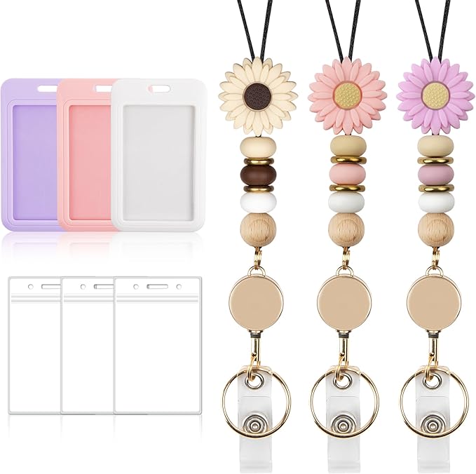 9 in 3 Sets Pink Brown Purple Retractable Lanyard for ID Badge Lanyard with ID Holder Breakaway Lanyard Badge Reel Lanyard Silicone Beaded Lanyard