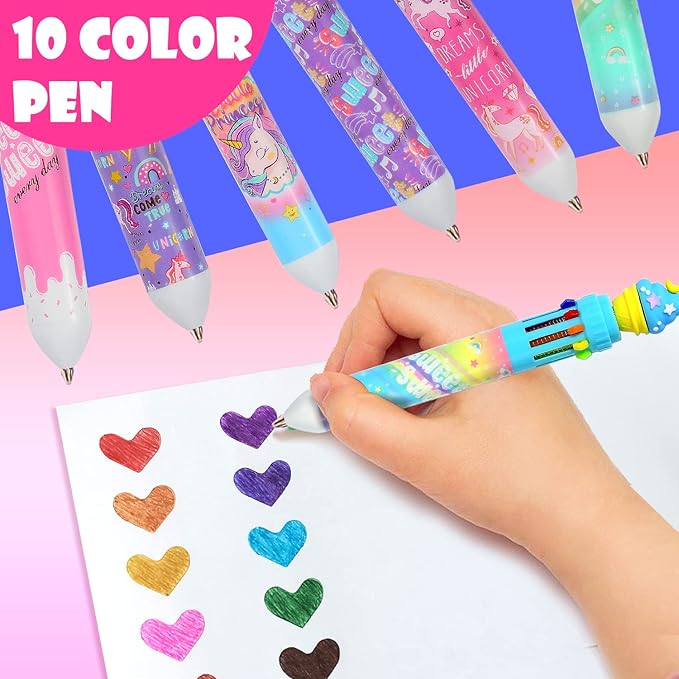 Multicolor Ballpoint Pen 0.7 mm, 10-in-1 Colored Pens Fine Point Retractable Cute Cartoon Unicorn Ballpoint Pens for Office School Students Kids Christmas Gift, 6 Pack