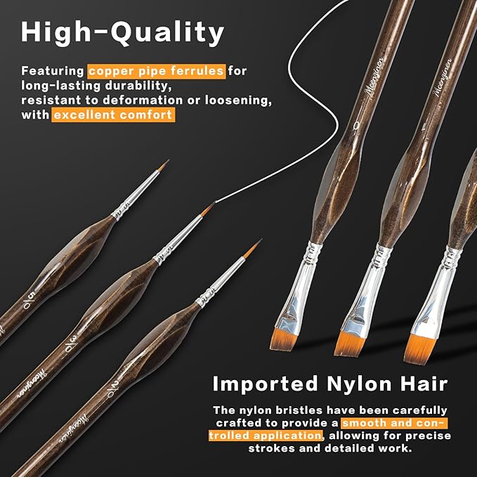 8 Pieces Exquisite Detail Paint Brush Set with Copper Tube and Special Double - Wire - Binding Process，Birch Wood Pen,Triangular Grip. Suitable Oil, Watercolour, Acrylic, Digital Painting