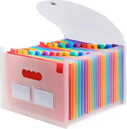 Accordion File Organizer, 24 Pockets Expanding File Folders, Portable Letter A4 Size Filing Box with Colored Labels and Expandable Cover, Monthly Bill Receipt Documents Organizer Pink