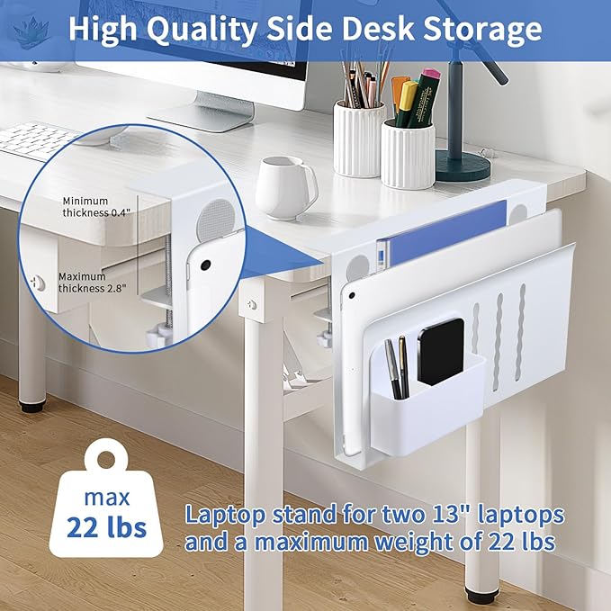 LUKETURE Desk Side Storage, Steel Side Desk Organizer, No Drill Laptop Holder, Clamp on Laptop Mount with Pen Holder, Table Hanging Storage for Home Office, Fits Flat Edge Tables 0.3" to 2.8"