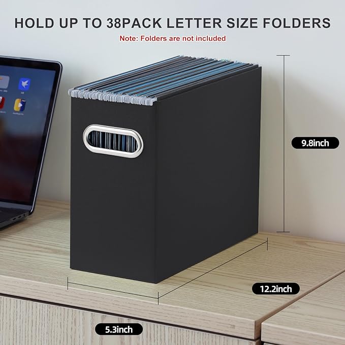 Oterri File Organizer, Small Storage Box, Cardboard File Folder Organizer, Collapsible File Box, Hanging File Organizer for Letter Size, Portable File Box with Handle, Only Box（Black，8 Packs）