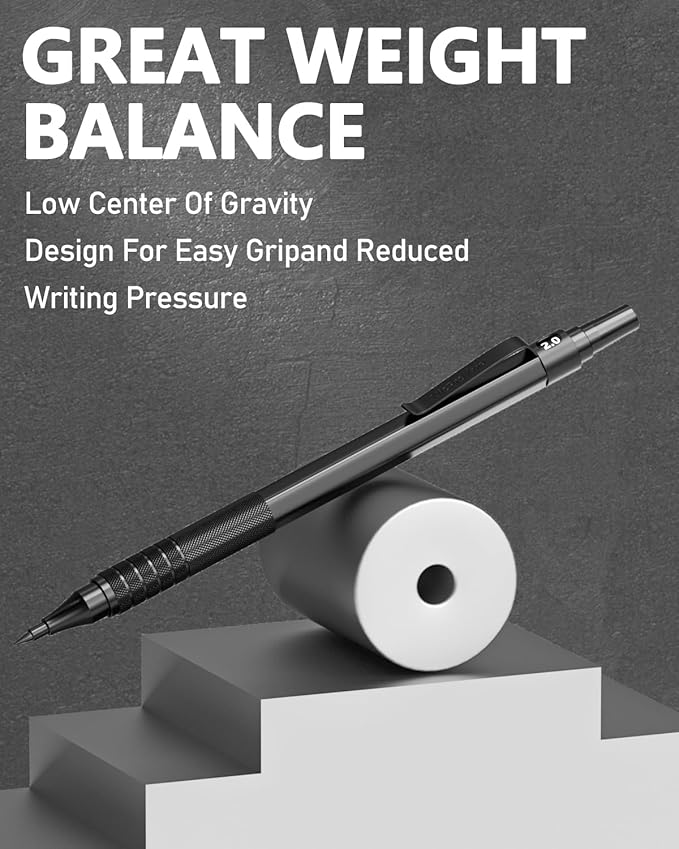 Nicpro Black Metal 2.0 Mechanical Pencil Set with Case, 3 PCS Drafting Lead Holder with 2mm Graphite Lead Refill (HB 2H 4H 2B 4B) & Colors, Sharpeners, Erasers for Artist Writing, Drawing, Sketching