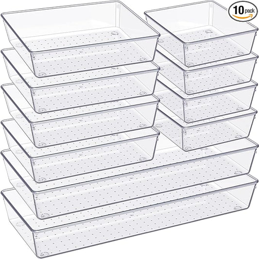 Criusia Drawer Organizer, 10 Pack Large Clear Plastic Kitchen Drawer Organizers Set, 3 Size Versatile Bathroom and Vanity Drawer Organizer Trays, Storage Bins for Makeup, Bedroom, Kitchen Utensils