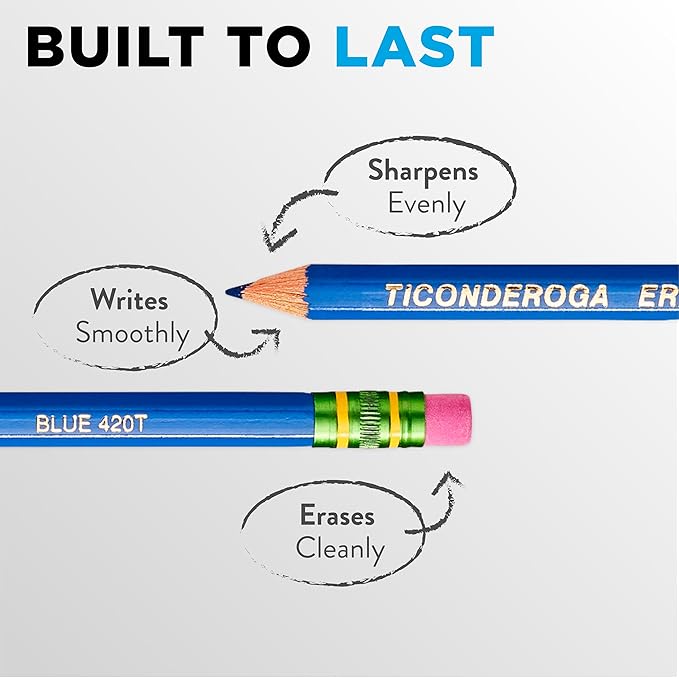 Ticonderoga Erasable Checking Wood-Cased Pencils, Pre-Sharpened, Blue, 12 Count