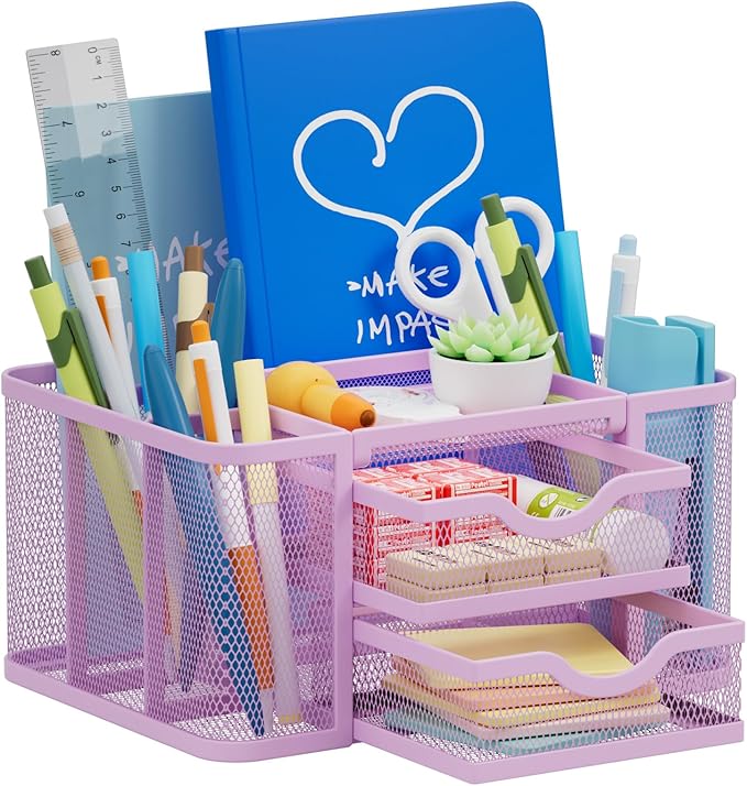 Marbrasse Mesh Desk Organizer, Pen Holder with 2 Drawer, Multi-Functional Pencil Holder, Desk Organizers and Accessories with 5 Compartments + Drawer for Office Art Supplies (Purple)