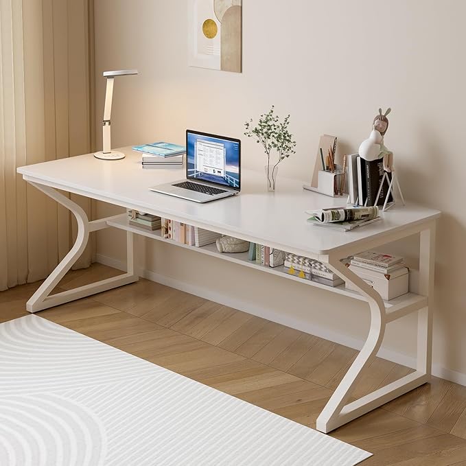 Extra Long Desk with Bookshelf - 63" Double Long Writing Table for 2-Person Workstation, Modern Study Work Computer Desk for Home and Office, Warm White