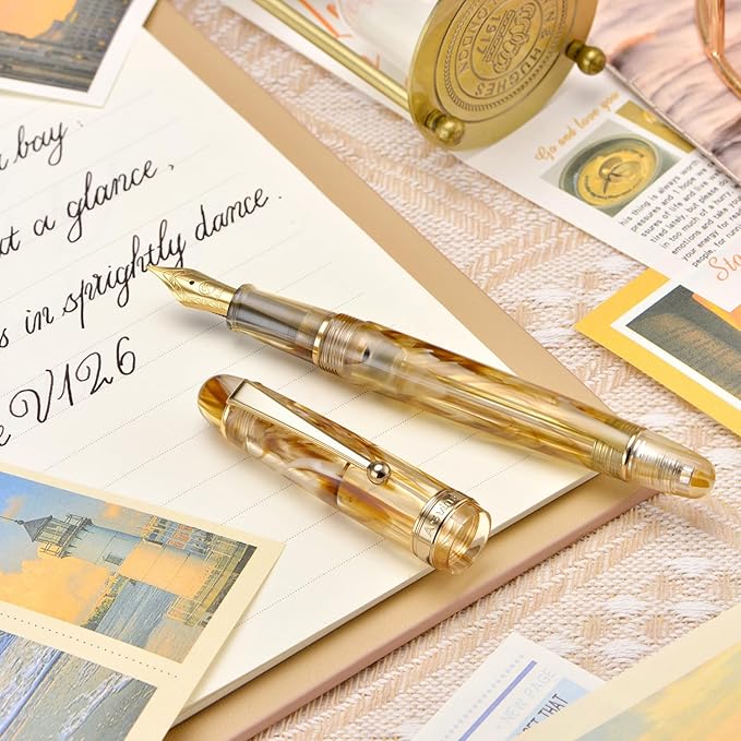 Asvine V126 Vacuum Filling Fountain Pen Fine Point, Brown Swirl Transparent Acrylic Pen Gift Case