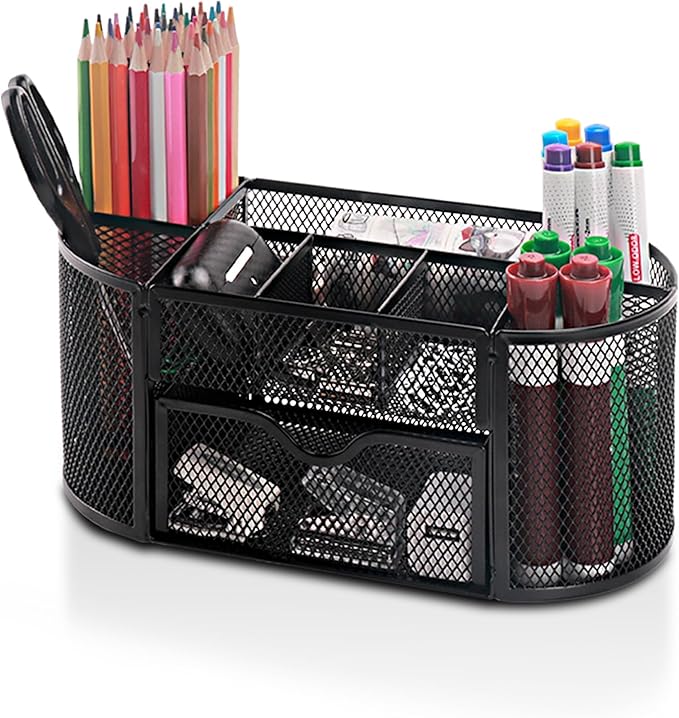 Comix Mesh Pen Pencil Holder Desk Organizer, 8 Compartment and 1 Drawer Wire Desktop Pen Pencil Cup Caddy Office Supplies Accessories for Home Office School, Black