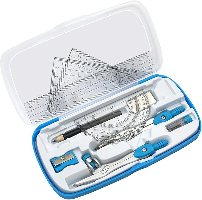 Math Compasses Back-to-School Starter Geometry Kit with 2 Drafting Compasses Protractor Set Squares Ruler and More for Students Maths Study Homework, Blue Set with Carry Case