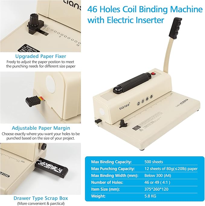 TIANSE Binding Machine, Spiral Coil Binder Machine, Electric Coil Inserter, 15 Sheets Punch Capacity, Suit for Letter Size / A4 / A5 Book Maker, with 100pcs 5/16'' Plastic Coil Binding Spines & Plier