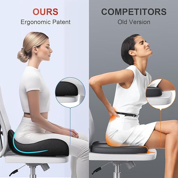 Large Memory Seat Cushion for Office Chair Pressure Relief Sciatica & Tailbone Pain Relief Memory Foam Firm Coccyx Pad for Long Sitting, for Office Chair, Gaming Chair and Car Seat, Black