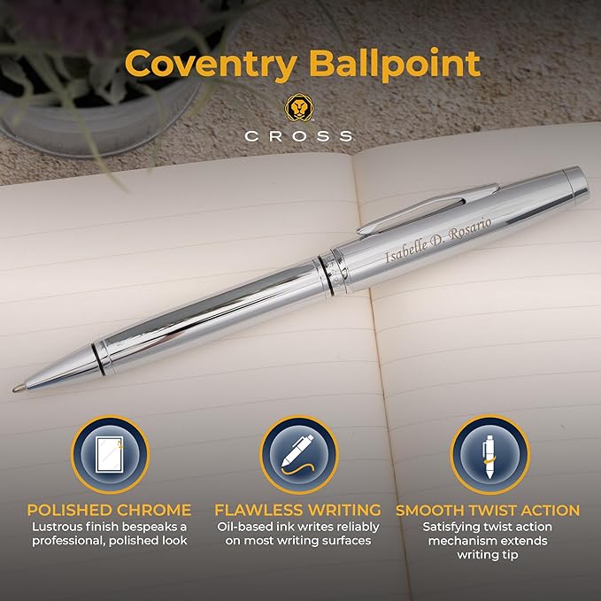 Personalized, Custom Engraved Cross Pen for Men or Women | Cross Coventry Ballpoint Pen | Luxury Gift for Office, Graduation and Business [Lustrous Chrome Finish]