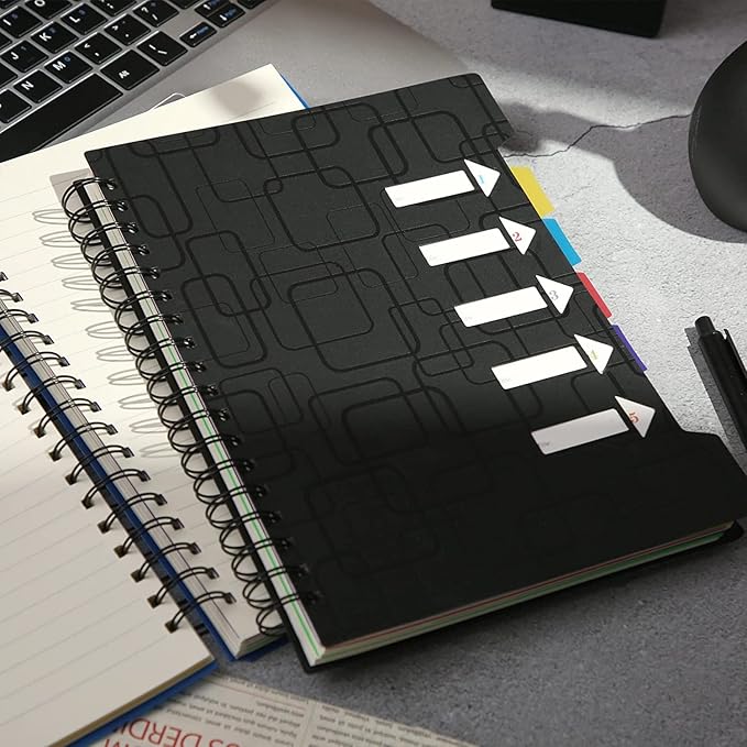 CAGIE 5 Subject Spiral Notebooks Set of 4, 240 Pages Notebook for Work with Dividers Tabs, A5 Small Notebook School Office Supplies, College Ruled (Black)