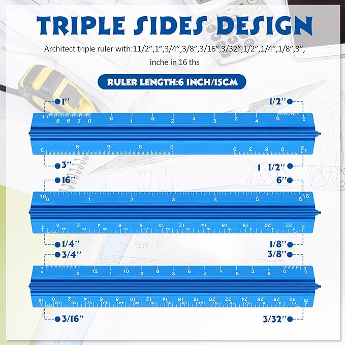 Fumete 12 Pack 6 Inch Architectural Engineering Scale Rulers Small Scale Ruler Pocket Size Scale Ruler Construction Rulers Imperial Measurements for Architects Engineering, Draftsman Drawing(Blue)