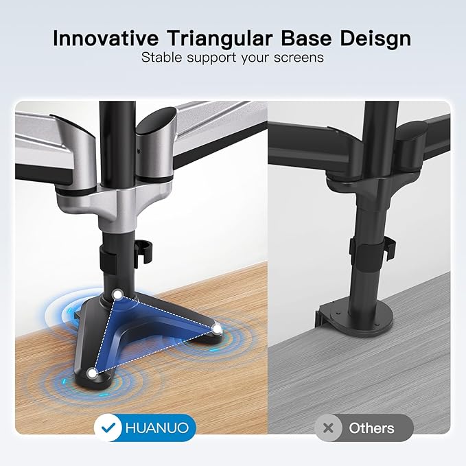HUANUO Triple Monitor Stand - Full Motion Articulating Gas Spring Monitor Mount Fit Three 17 to 32 inch Flat/Curved LCD Computer Screens with Clamp, Grommet Kit, Silver