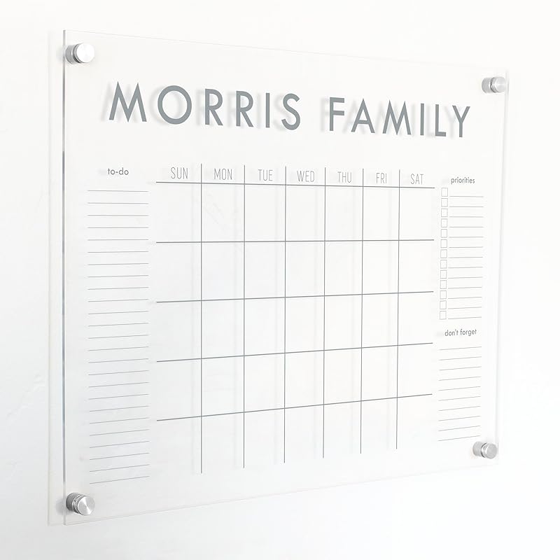 Personalized Clear Acrylic Calendar for Wall, Calendar Whiteboard for Wall, Dry Erase Wall Calendar, Wall Calendar Organizer System for Home (Block, Grey, 23"W x18.5"H)