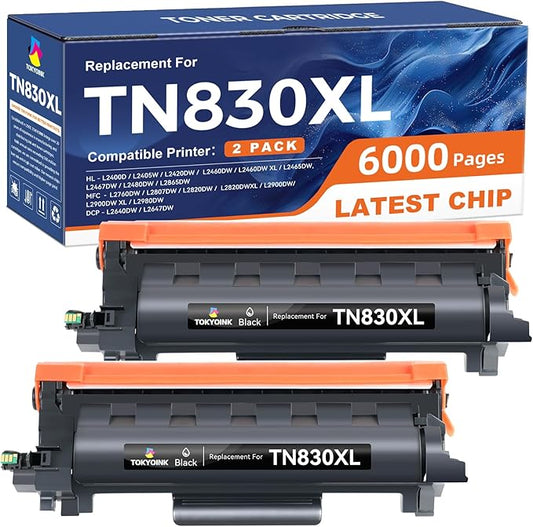 Compatible TN830XL Toner Replacement for Brother TN830XL TN830 XL Toner use with HL-L2460DW HL-L2405W HL-L2480DW HL-L2400D MFC-L2820DW MFC-L2820DW XL DCP-L2640DW Printer (2 Pack Black)