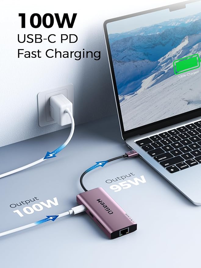 QGeeM USB C Hub Ethernet,9 in 1 USB Type C Hub HDMI Multi-Port Converter Adapter,100W Pd, USB 3.0,SD/TF Card Reader,Compatible for MacBook Pro Air Ipad HP Dell Lenovo Chromebook etc.-Violet