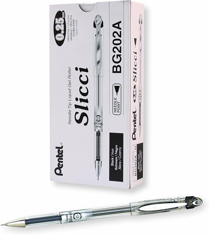 Pentel Arts Slicci Extra Fine Gel Pen, (0.25mm), Black Ink, Box of 12 (BG202-A)