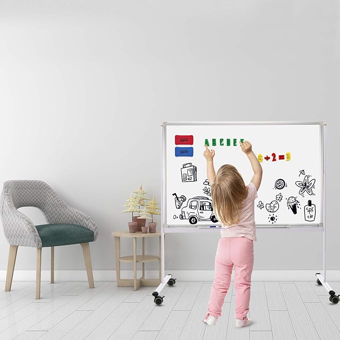 H-Qprobd Mobile Whiteboard 36"x24" Magnetic Dry Erase Board with Stand - Adjustable Height Double Side Rolling White Boards on Wheels for Home, Office & School