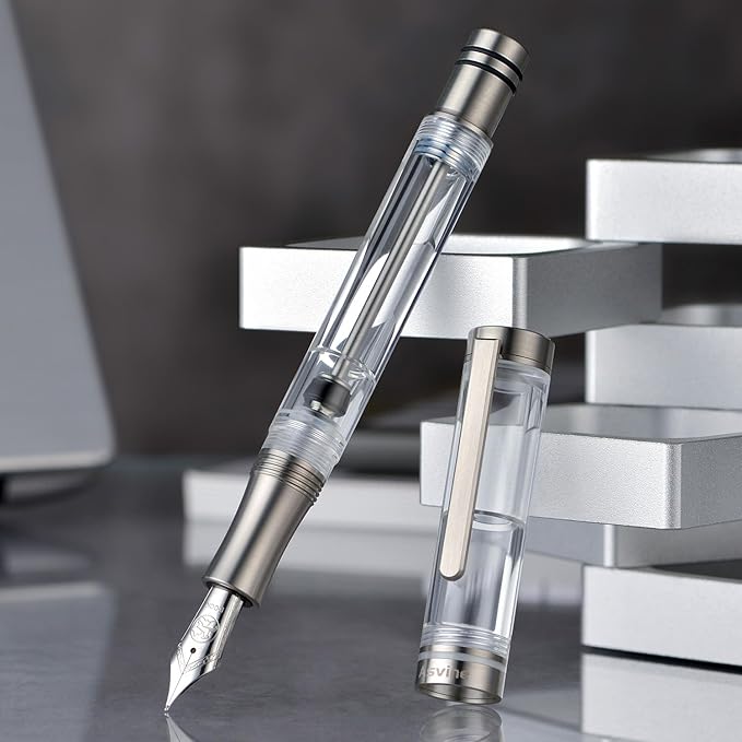 Asvine V200 Titanium Fountain Pen Vacuum Filling, Germany Bock Extra Fine Nib Clear Transparent Acrylic Smooth Writing Pen Case Set